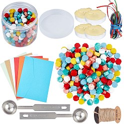 Mixed Color Sealing Wax Beads Wax Seal Kit, include Wax Seal Spoon, Vintage Envelopes, Hemp String, Satin Ribbon, Mixed Color, 9x5mm