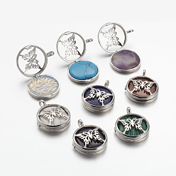 Смешанные камни Природные и синтетические Gemstone подвески, С выводами медальона из медных рассеивателей, плоские круглые с бабочкой, 31x26x8 мм, отверстие : 4 мм