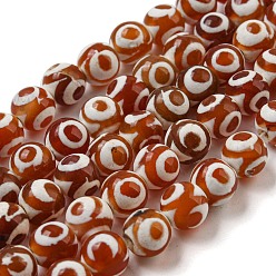 3-Глаза Тибетского стиля DZI бисер нитей, натуральные и крашеные шарики агата, круглые, цвет шоколада, 3 -eye, 8 мм, отверстие : 1.4 мм, около 49 шт / нитка, 14.49'' (36.8 см)