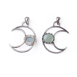 Зеленый Авантюрин Естественный зеленый авантюрин подвески, с латунной фурнитурой , луна, античное серебро, 38~38.5x30~31x6~7 мм, отверстие : 5x7 мм