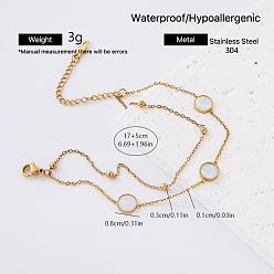 Flat Round 304 Stainless Steel Natural White Shell Link 2-Strand Bracelets for Women, Golden, Flat Round, 6.69 inch(17cm)