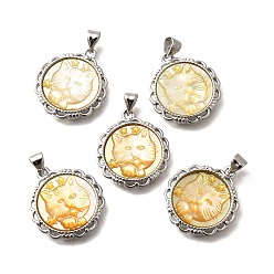 Платина Латунный паве натуральный желтый ракушка резные концы кошки, стойки покрытие, плоские круглые прелести, платина, 22x19.5x3.5 мм, отверстие : 3x4 мм