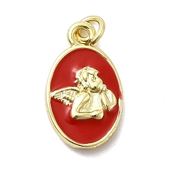 Красный Латунь эмаль подвески, овальные с ангелом, стойки покрытие, долговечный, без кадмия и без свинца, реальный 18 k позолоченный, с целью перехода в кольце, красные, 15.5x9.5x2.5 мм, отверстие : 3 мм