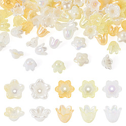 Желтый Акриловый шарик крышки, с покрытием AB цвета, цветок, желтые, 11.5~12.5x10.5~12.8x6.5~8.5 мм, 200 шт