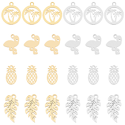 Couleur Dorée & Acier Inoxydable 32 pcs 8 style 304 pendentifs en acier inoxydable, polissage manuel, ananas & flamant rose & anneau avec cocotier, or et acier inoxydable Couleur, 11.5~16.5x6.5~11.5x1~1.1mm, Trou: 1~1.4mm, 4 pcs / style