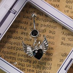 Wing 304 Изогнутые кольца для живота в форме штанги из нержавеющей стали с черными кубическими цирконами, цвет нержавеющей стали, крыло, длина стержня: 3/8"(10мм), штифты : 1.6 мм