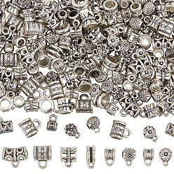 Antique Silver 200Pcs 10 Styles Tibetan Style Alloy Tube Bails, Loop Bails, Bail Beads, Cadmium Free & Lead Free, Antique Silver, 4.5~11x5~8x4~7mm, Hole: 1~2mm