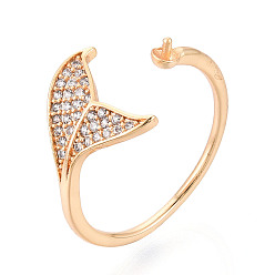 Настоящее золото 18K Закрепка колец для чашек в форме рыбьего хвоста из латуни с микропаве из прозрачного кубического циркония, настройки манжетного кольца для полусверленных бусин, без кадмия, без никеля и без свинца, реальный 18 k позолоченный, 11.8 мм, внутренний диаметр: 17~18 мм