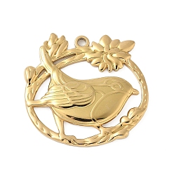 Настоящее золото 18K 304 подвески из нержавеющей стали, овал с подвесками в виде птиц, ионное покрытие (ip), реальный 18 k позолоченный, 30.5x32x3 мм, отверстие : 2.5 мм