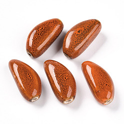 Коралловый Фарфоровые бусины ручной работы, фантазии античного стекла фарфора, зубчик чеснока, коралл, 31~33x15~16.5x12~13.5 мм, отверстие : 2.5~3 мм