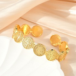 Настоящее золото 18K Плоский круглый браслет-манжета с крестом иисусом, религиозный латунный открытый браслет для женщин, без свинца и без кадмия, реальный 18 k позолоченный, внутренний диаметр: 2 дюйм (5.2 см) x 1-3/4 дюйм (4.3 см)