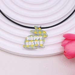 Кролик Красочный кулон в клетку из акрила с рисунком «Счастливой Пасхи» на черном вощеном шнурке для женщин, кролик, 17.72 дюйм (45 см), Кулон : 49x35 мм