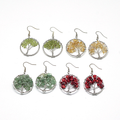 Смешанные камни Серьги с подвесками из смешанных натуральных и синтетических камней, С латунной проволокой, плоские круглые и дерево, платина, 50~52 мм , штифт: 0.8 мм