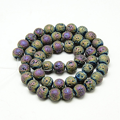 Multi-color Plated Electroplate Natural Lava Rock Beads Strands, Matte Style, Round, Multi-color Plated, 8x8.5mm, Hole: 1mm, about 48pcs/strand, 15.3 inch