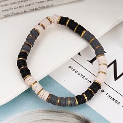 Dark Gray Handmade Polymer Clay Heishi Beaded Stretch Bracelets with CCB for Women, Golden, Dark Gray, 7.09 inch(18cm)