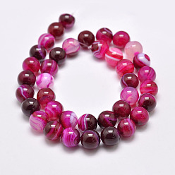 Deep Pink Natural Striped Agate/Banded Agate Bead Strands, Dyed & Heated, Round, Grade A, Deep Pink, 12mm, Hole: 1mm, about 32pcs/strand, 15.1 inch(385mm)