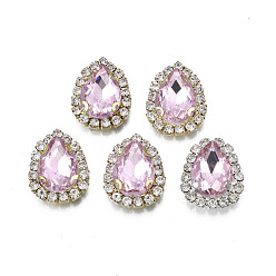 Бледно-Розовый Шить на горный хрусталь, прозрачное стекло горный хрусталь, с настройками латуни, граненые, слеза, розовый жемчуг, 19x14.5x5.5 мм, отверстие : 1 мм