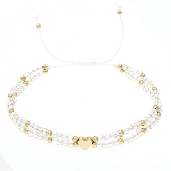 Прозрачный Стеклянные плетеные браслеты из бисера, регулируемый браслет из латуни в форме сердца, прозрачные, 6-1/4~10-1/4 дюйм (16~26 см)