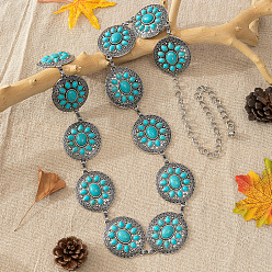 Темно-бирюзовый Богемская латунь паве синтетическая бирюза плоская круглая с цветочным звеном сплав цепи ремни для женщин, западный пояс кончо, старинное серебро и платина, темные бирюзовый, 1150 мм
