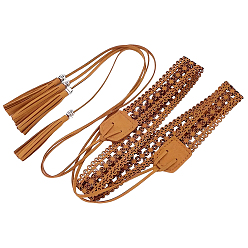 Седло Коричневый Ремни-цепочки из искусственной кожи в богемном стиле с кисточками, с бусинами из сплава цветов, платина, седло коричневый, 1690x28.5x9 мм