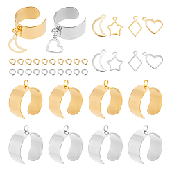 Золотой & Цвет Нержавеющей Стали Набор для самостоятельного изготовления кольца-шарма, включая компоненты кольца манжеты из нержавеющей стали, луна, звезда, ромб и сердце 304 подвески из нержавеющей стали, золотые и нержавеющая сталь цвет, 32 шт / коробка