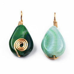 Dark Green Natural Agate Pendants, with Light Gold Plated Brass Findings, Teardrop Charm, Dyed & Heated, Dark Green, 27~29x12.5~13.5x6~7mm, Hole: 4mm