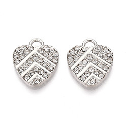 Платина Подвески из сплава и страза, сердце, без свинца и без кадмия, платина, 19x16x2 мм, отверстие : 2x3 мм