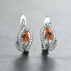 Темно-Оранжевый Латунные микро проложить серьги обруча кубического циркония, слеза, платина, темно-оранжевый, 16x7 мм