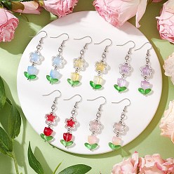 (52) Непрозрачная лаванда 5 пара латунных висячих серег для женщин и мужчин, с стеклянного шарика, платина, разноцветные, 57x14.5 мм, 5 пара / комплект