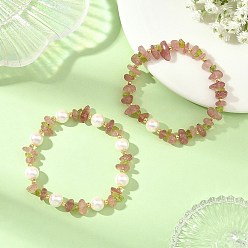 Golden 2Pcs 2 Styles Chip Natural Strawberry Quartz & Peridot & Shell Pearl & Brass Beaded Stretch Bracelet Sets for Women, Golden, Inner Diameter: 2.01 inch(5.1cm), 1pc/style