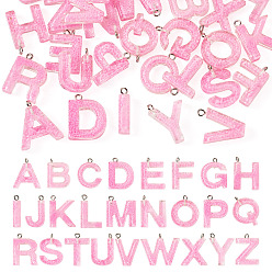 Бледно-Розовый 26шт 26 стили светящиеся подвески из смолы, светится в темноте, с платиновым покрытием петли, Письмо ~ Z, розовый жемчуг, 21~24x5.5~28x5~5.5 мм, отверстие : 1.8 мм, 1 шт / стиль