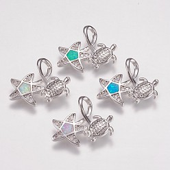 (52) Непрозрачная лаванда Латунные подвески, с синтетическим опалом, черепаха со звездой, платина, разноцветные, 16.5x19x6 мм, отверстие : 3x5 мм