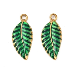 Зеленый 304 нержавеющей стальной эмали подвески, очарование листа, ионное покрытие (ip), реальный 18 k позолоченный, зелёные, 24x10.5x2 мм, отверстие : 1.8 мм