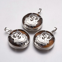 Tiger Eye Natural Tiger Eye Pendants, with Platinum Tone Brass Findings, Flat Round with Owl, 31.5x27x6mm, Hole: 5x8mm