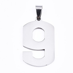 Number Non-Tarnish 201 Stainless Steel Pendants, Laser Cut, Number, Stainless Steel Color, Num.9, 34.5x20x1.5mm, Hole: 4.5x5mm