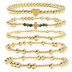 Золотой 5 Браслеты из латуни и натуральных бусин африканской бирюзы (яшмы) для женщин, эластичные., круг и сердце с буквой d, золотые, регулируемый