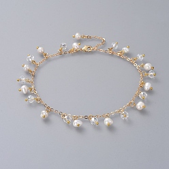 Real 18K Gold Plated Anklets, with Natural Pearl, Glass Beads, Brass Cable Chains and Lobster Claw Clasps, Real 18K Gold Plated, 11-1/2 inch(29.1cm)