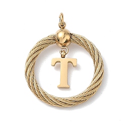 Letter T 304 подвески из нержавеющей стали, скрученный плоский круглый с буквой, ионное покрытие (ip), реальный 18 k позолоченный, с соединительными кольцами и 201 бусинами из нержавеющей стали, Письмо T, 27x23.5~24x6 мм, отверстие : 3 мм