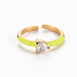 Yellow Brass Enamel Cuff Rings, Open Rings, Solitaire Rings, with Clear Cubic Zirconia, Nickel Free, Heart, Golden, Yellow, US Size 7(17.3mm)