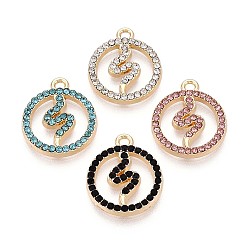 (52) Непрозрачная лаванда Подвески из сплава со стразами, плоский круглый и змеевидный, без кадмия, без никеля и без свинца, золотые, разноцветные, 18x15x2 мм, отверстие : 1.6 мм