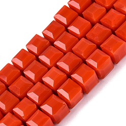 Orange Red Opaque Glass Beads Strands, Cube, Faceted, Orange Red, 7x7x6.5~7mm, Hole: 1.2~1.6mm, about 96~101pcs/strand, 25.39~28.54 inch(64.5~72.5cm)