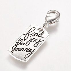Antique Silver Alloy Pendant, with Brass Lobster Claw Clasps, Rectangle with Find Joy in the Journey, Antique Silver, 34.5mm