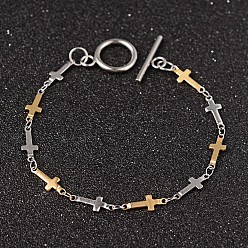 Золотой & Цвет Нержавеющей Стали Крест 304 из нержавеющей стали звено цепи браслеты, с OT застежками, золотые и нержавеющая сталь цвет, 7-1/4 дюйм (185 мм), 5x1 мм