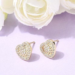 Настоящее золото 18K Серьги-гвоздики в форме сердца ко Дню святого Валентина из латуни с микропаве из прозрачных кубических цирконий, без кадмия и без свинца, долговечный, стойки покрытие, реальный 18 k позолоченный, 9.5x10 мм