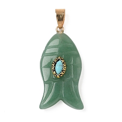 Зеленый Авантюрин Резные подвески из натурального зеленого авантюрина и синтетической бирюзы, амулеты в виде рыбок с латунными дужками, золотые, 35x17.5x7.5~8 мм, отверстие : 4.3x6.5 мм