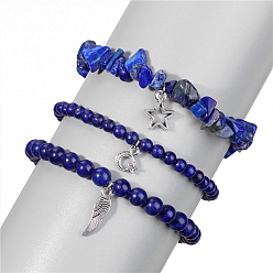 Ляпис-Лазурь Природные лазурит браслеты простирания, для женщин, амулет звезда, луна и крылья, периметр: 7-1/2 дюйм (19 см), 3 шт / комплект