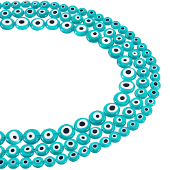 Dark Cyan 3 Strands 3 Style  Handmade Evil Eye Lampwork Flat Round Bead Strands, Dark Cyan, 1 strand/style, 3 strands/box