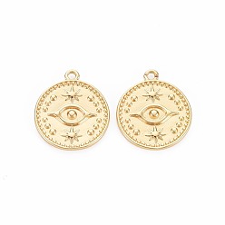 Real 18K Gold Plated Brass Pendants, Nickel Free, Flat Round with Eye, Real 18K Gold Plated, 18.5x15x1mm, Hole: 1.5mm