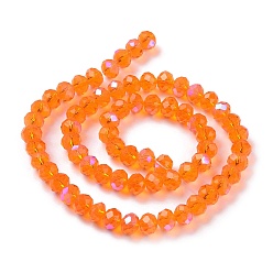 Orange Electroplate Glass Beads Strands, Half Rainbow Plated, Faceted, Rondelle, Orange, 4x3mm, Hole: 0.4mm, about 123~127pcs/strand, 16.5~16.9 inch(42~43cm)