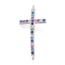 Platinum Brass Micro Pave Cubic Zirconia Links, Sideways Cross, Colorful, Platinum, 29x15.5x2mm, Hole: 1mm